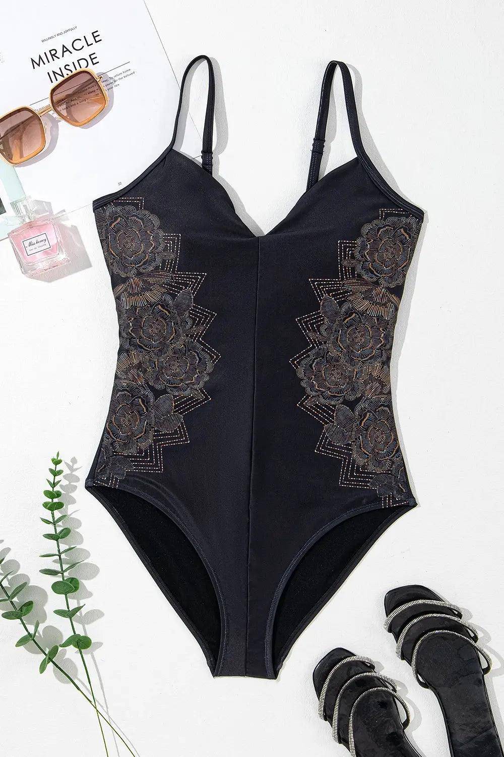 Embroidered V-Neck One-Piece Swimwear - Urban Trend Fashion