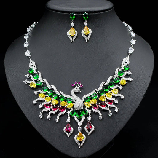 Ethnic Style Zircon Peacock Earring Set Tassel Colorful Clavicle Necklace Jewelry Set - Urban Trend Fashion