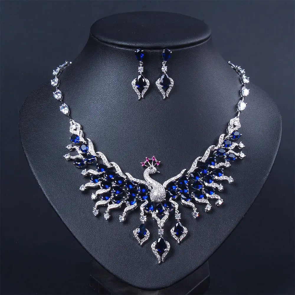 Ethnic Style Zircon Peacock Earring Set Tassel Colorful Clavicle Necklace Jewelry Set - Urban Trend Fashion