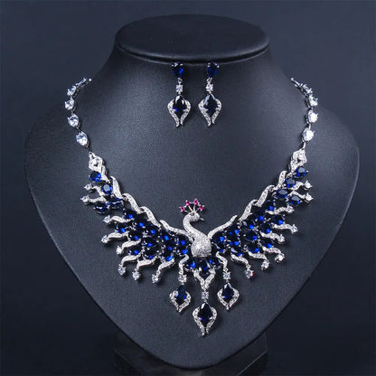 Ethnic Style Zircon Peacock Earring Set Tassel Colorful Clavicle Necklace Jewelry Set - Urban Trend Fashion