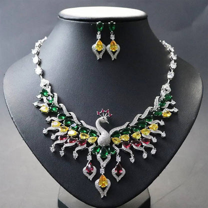 Ethnic Style Zircon Peacock Earring Set Tassel Colorful Clavicle Necklace Jewelry Set - Urban Trend Fashion