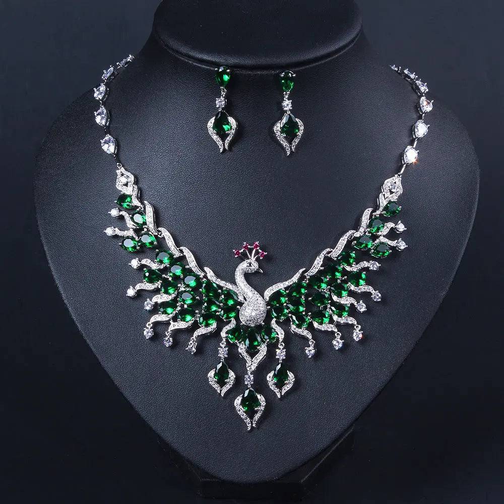 Ethnic Style Zircon Peacock Earring Set Tassel Colorful Clavicle Necklace Jewelry Set - Urban Trend Fashion