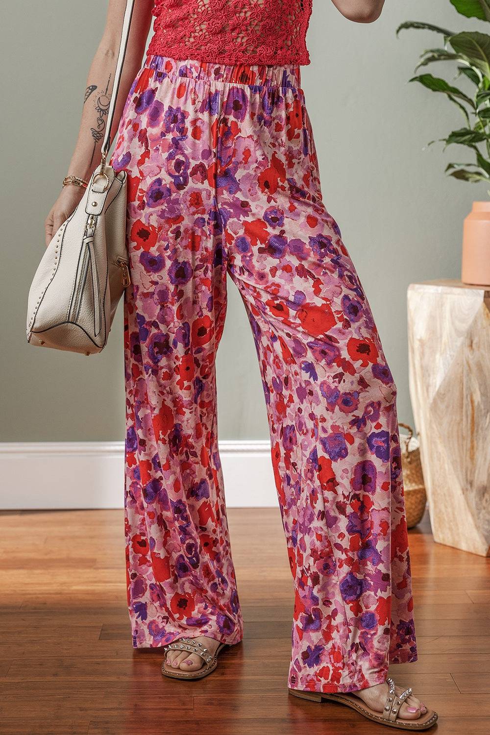 Floral Wide Leg Elastic High Waist Pants - Urban Trend Fashion