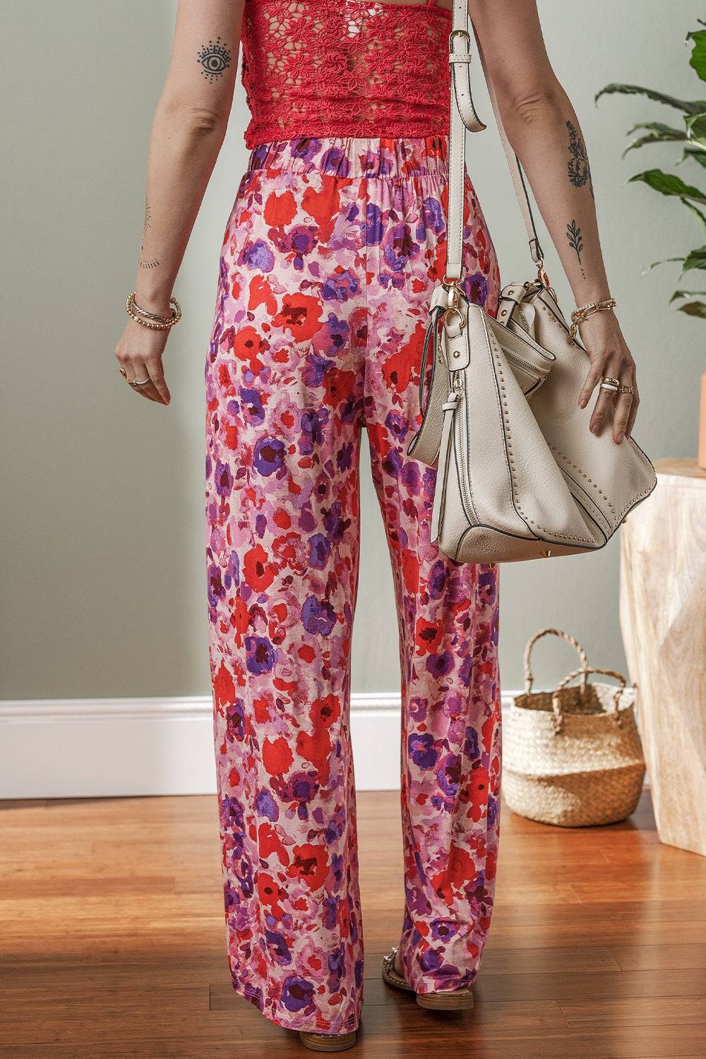 Floral Wide Leg Elastic High Waist Pants - Urban Trend Fashion