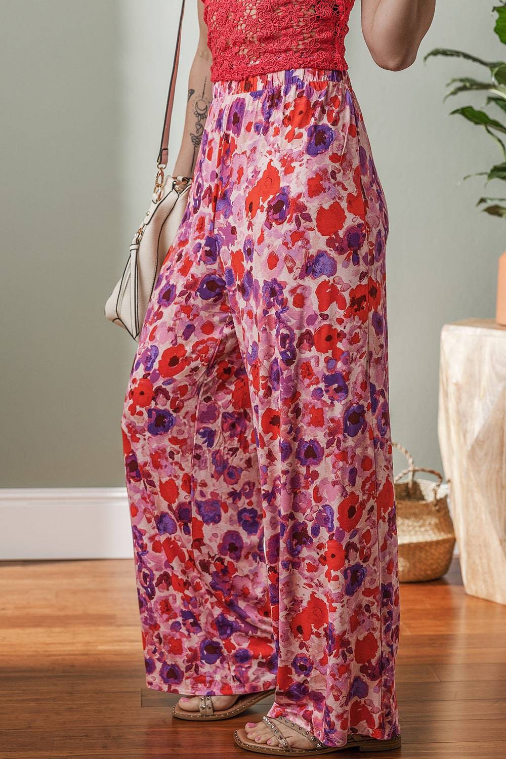 Floral Wide Leg Elastic High Waist Pants - Urban Trend Fashion