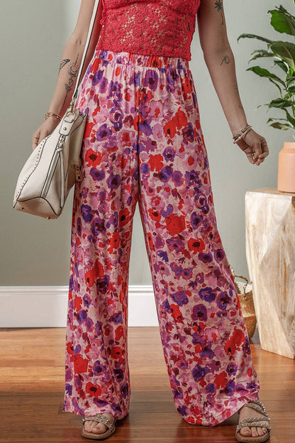 Floral Wide Leg Elastic High Waist Pants - Urban Trend Fashion