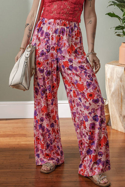 Floral Wide Leg Elastic High Waist Pants - Urban Trend Fashion