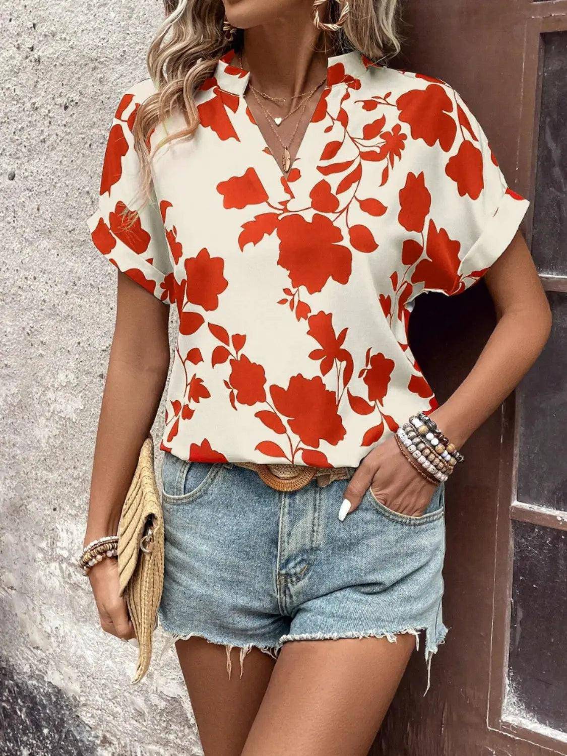 Flower Notched Short Sleeve Blouse - Urban Trend Fashion