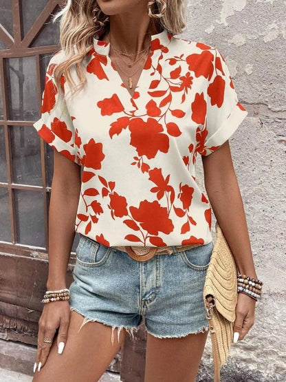 Flower Notched Short Sleeve Blouse - Urban Trend Fashion