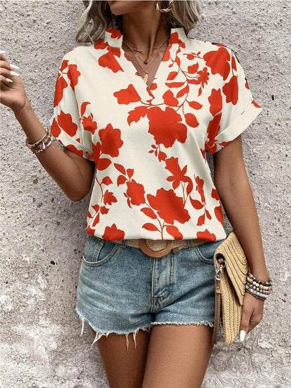 Flower Notched Short Sleeve Blouse - Urban Trend Fashion