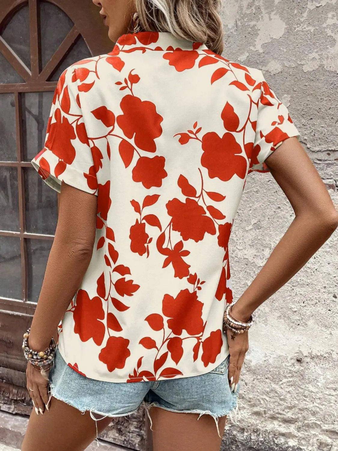 Flower Notched Short Sleeve Blouse - Urban Trend Fashion