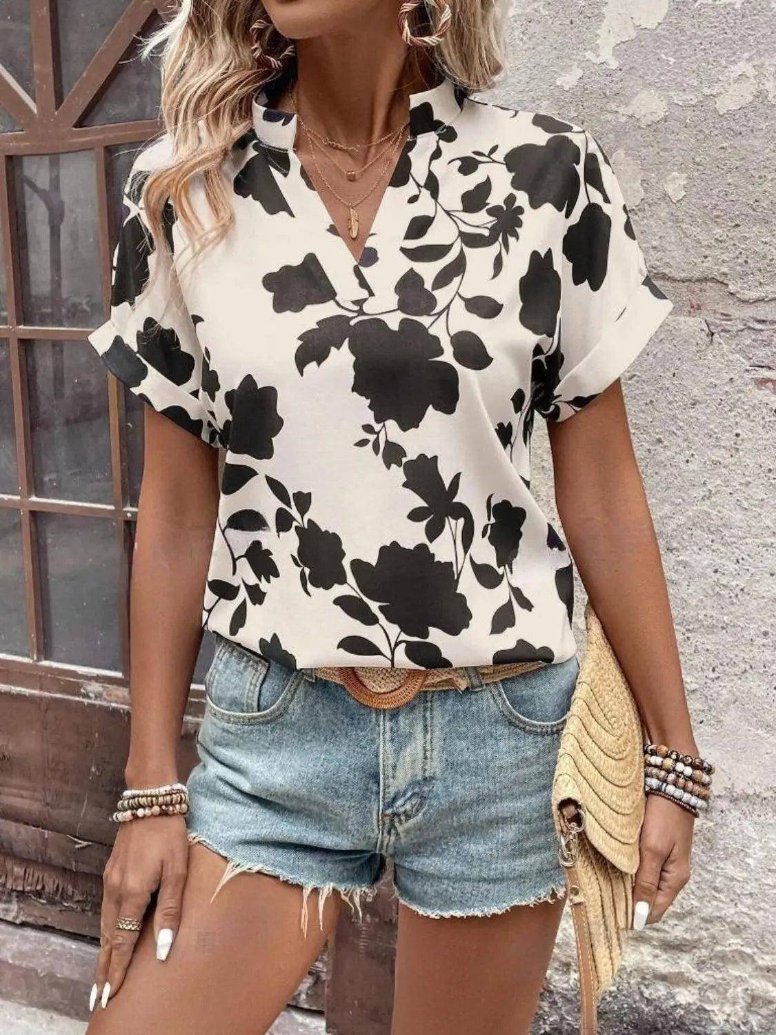 Flower Notched Short Sleeve Blouse - Urban Trend Fashion