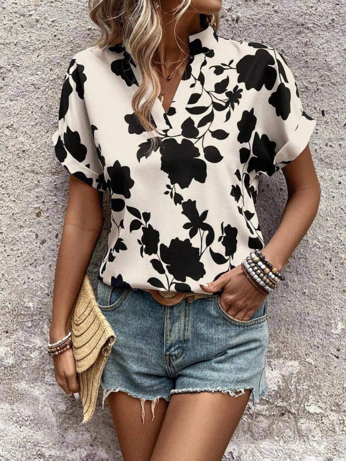 Flower Notched Short Sleeve Blouse - Urban Trend Fashion