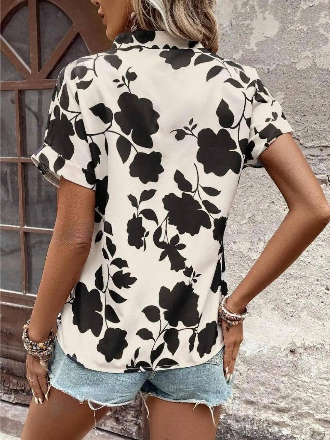 Flower Notched Short Sleeve Blouse - Urban Trend Fashion