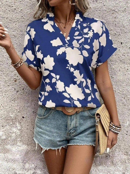 Flower Notched Short Sleeve Blouse - Urban Trend Fashion