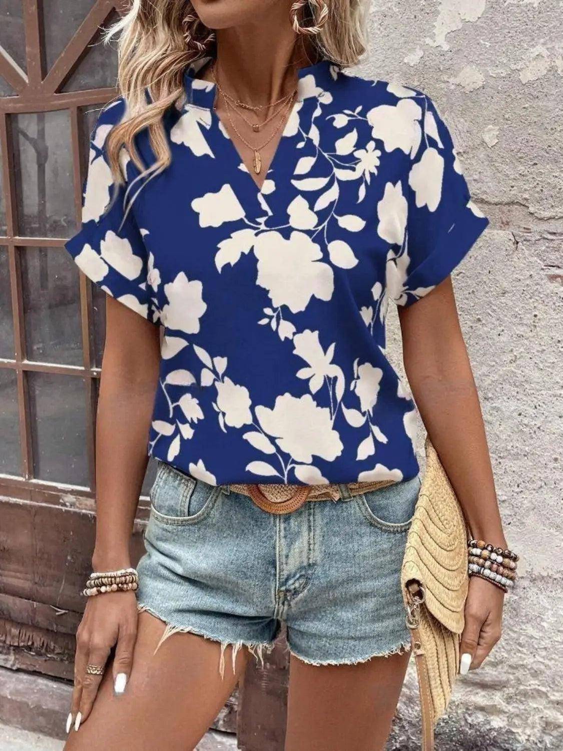 Flower Notched Short Sleeve Blouse - Urban Trend Fashion