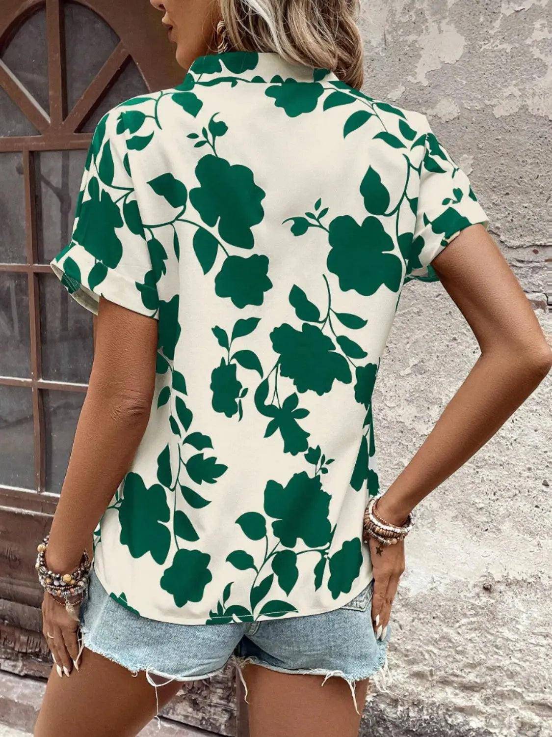 Flower Notched Short Sleeve Blouse - Urban Trend Fashion