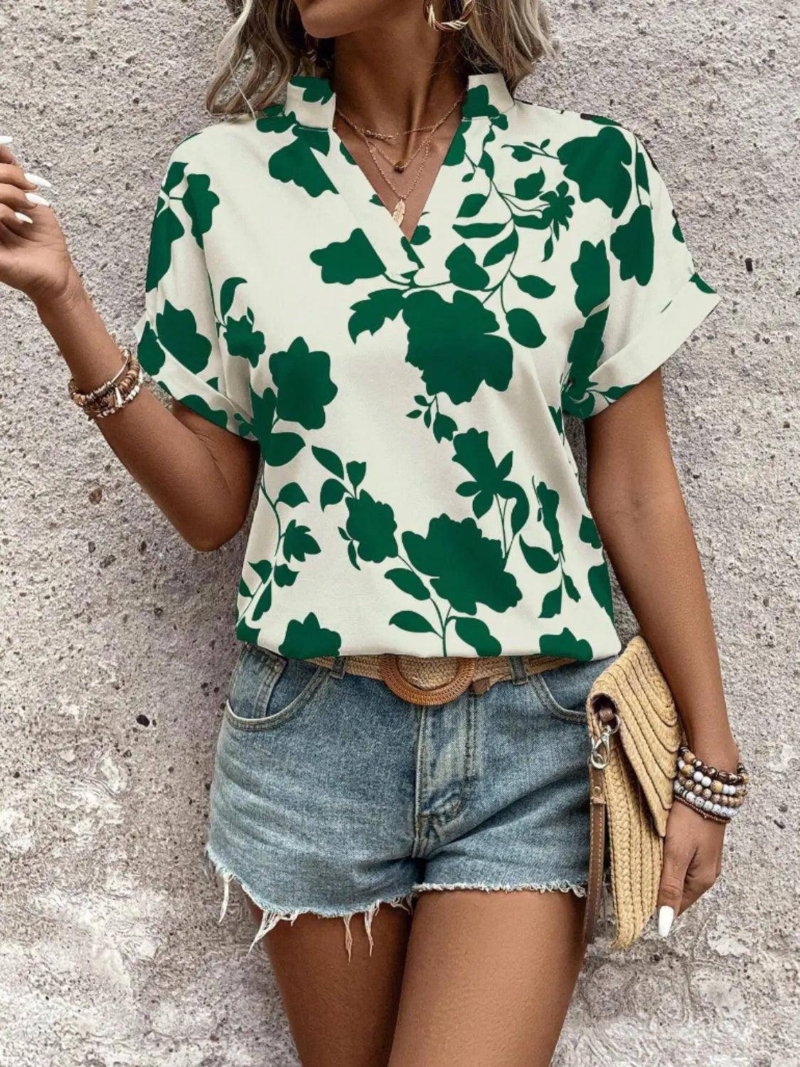 Flower Notched Short Sleeve Blouse - Urban Trend Fashion