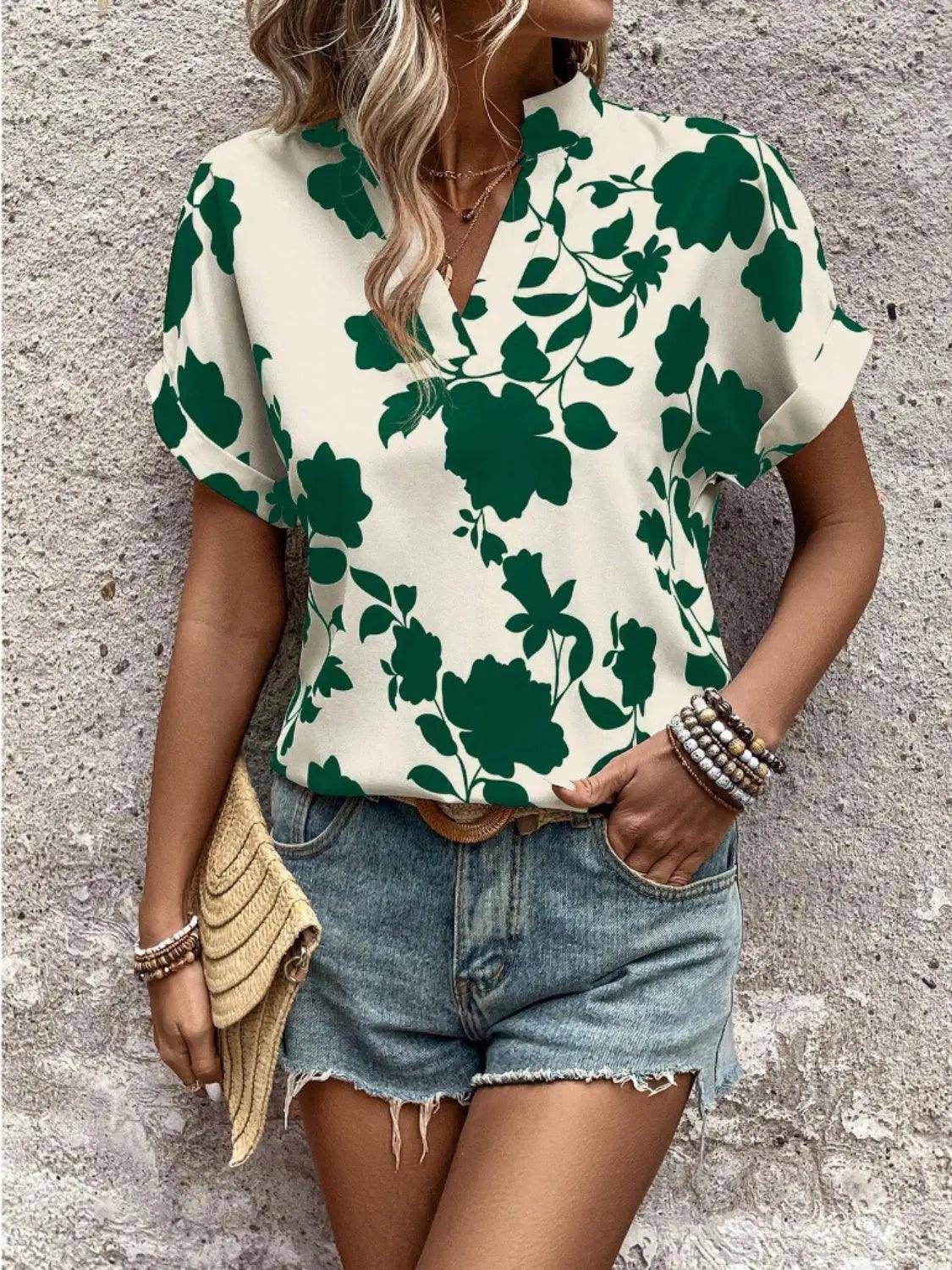 Flower Notched Short Sleeve Blouse Trendsi