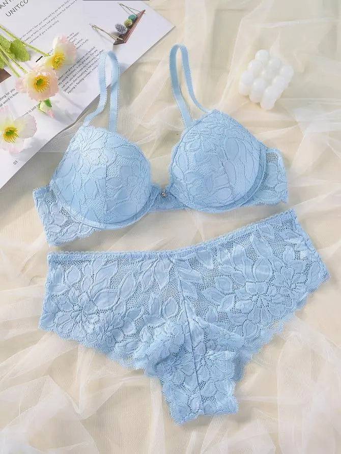 French Casual Steel Ring Lace Bra Panties Set Casual Push Up Fixed Cup Without Deformation - Urban Trend Fashion