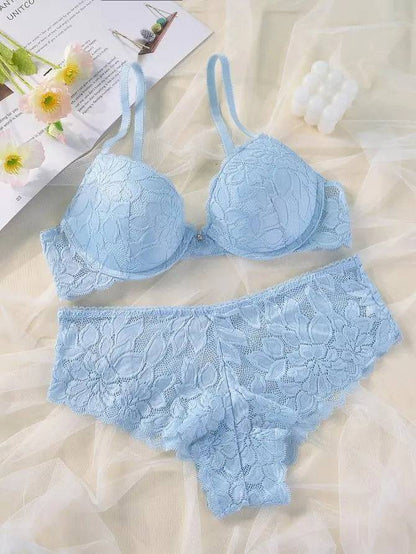 French Casual Steel Ring Lace Bra Panties Set Casual Push Up Fixed Cup Without Deformation - Urban Trend Fashion