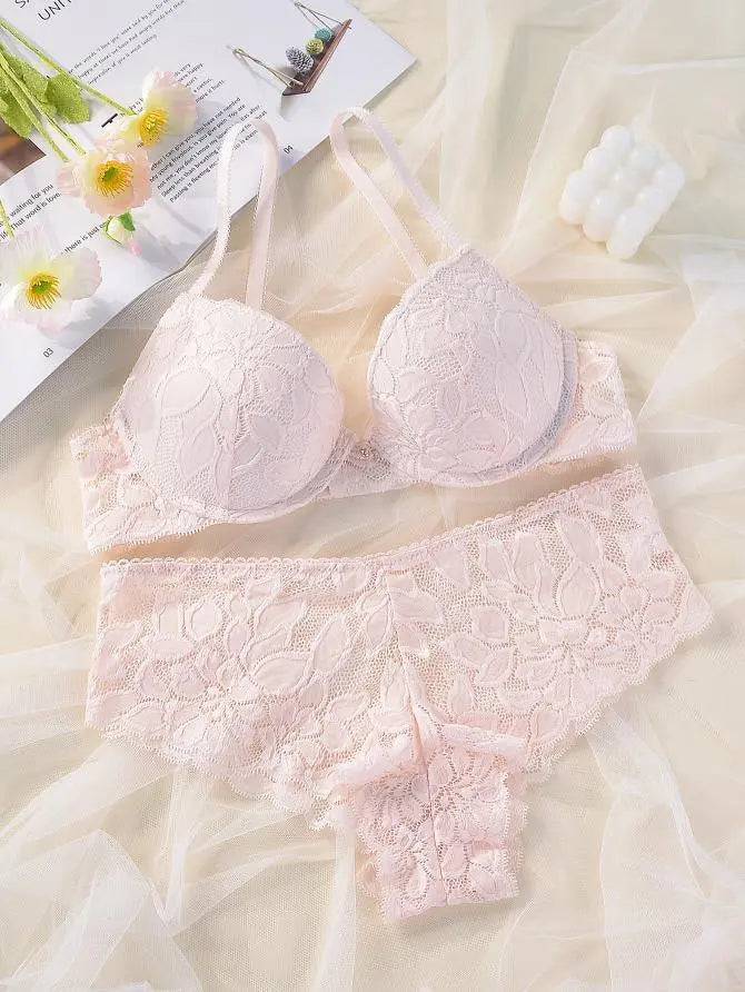 French Casual Steel Ring Lace Bra Panties Set Casual Push Up Fixed Cup Without Deformation - Urban Trend Fashion