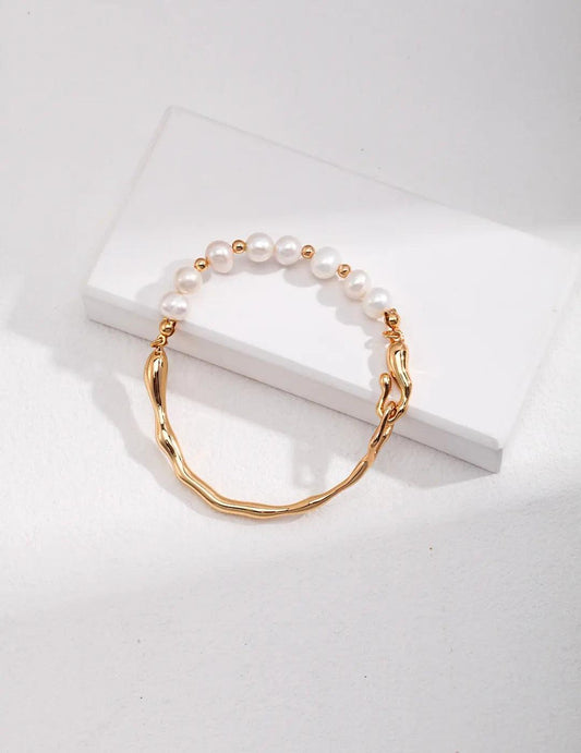 Freshwater Pearl Half Gold Bangle Bracelet - Urban Trend Fashion