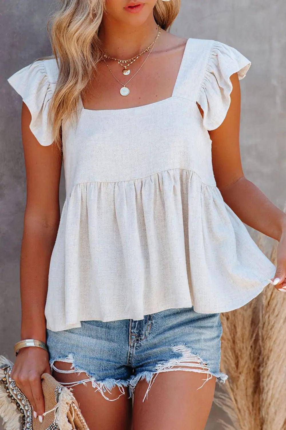 Full Size Ruffled Square Neck Cap Sleeve Blouse - Urban Trend Fashion