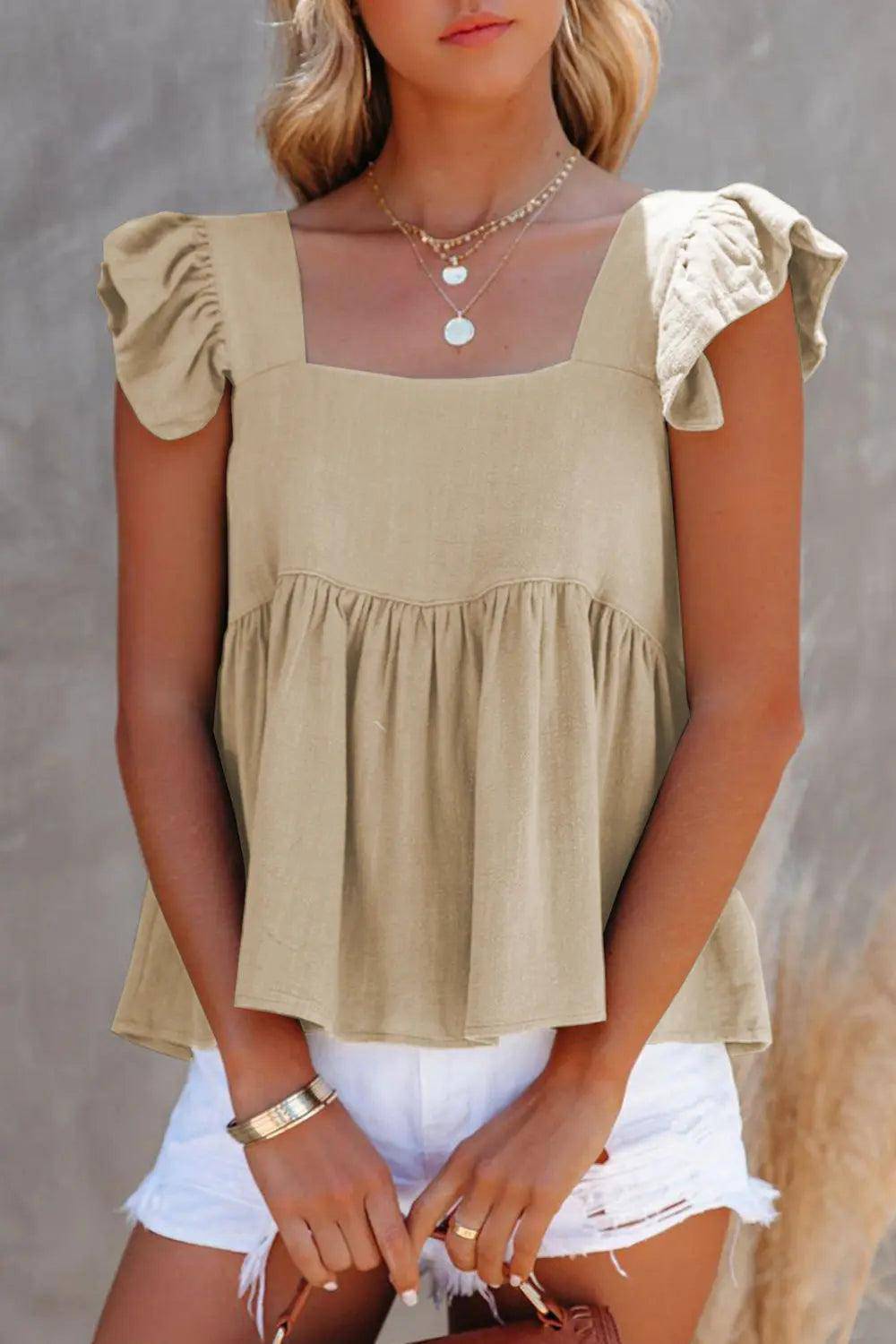 Full Size Ruffled Square Neck Cap Sleeve Blouse - Urban Trend Fashion