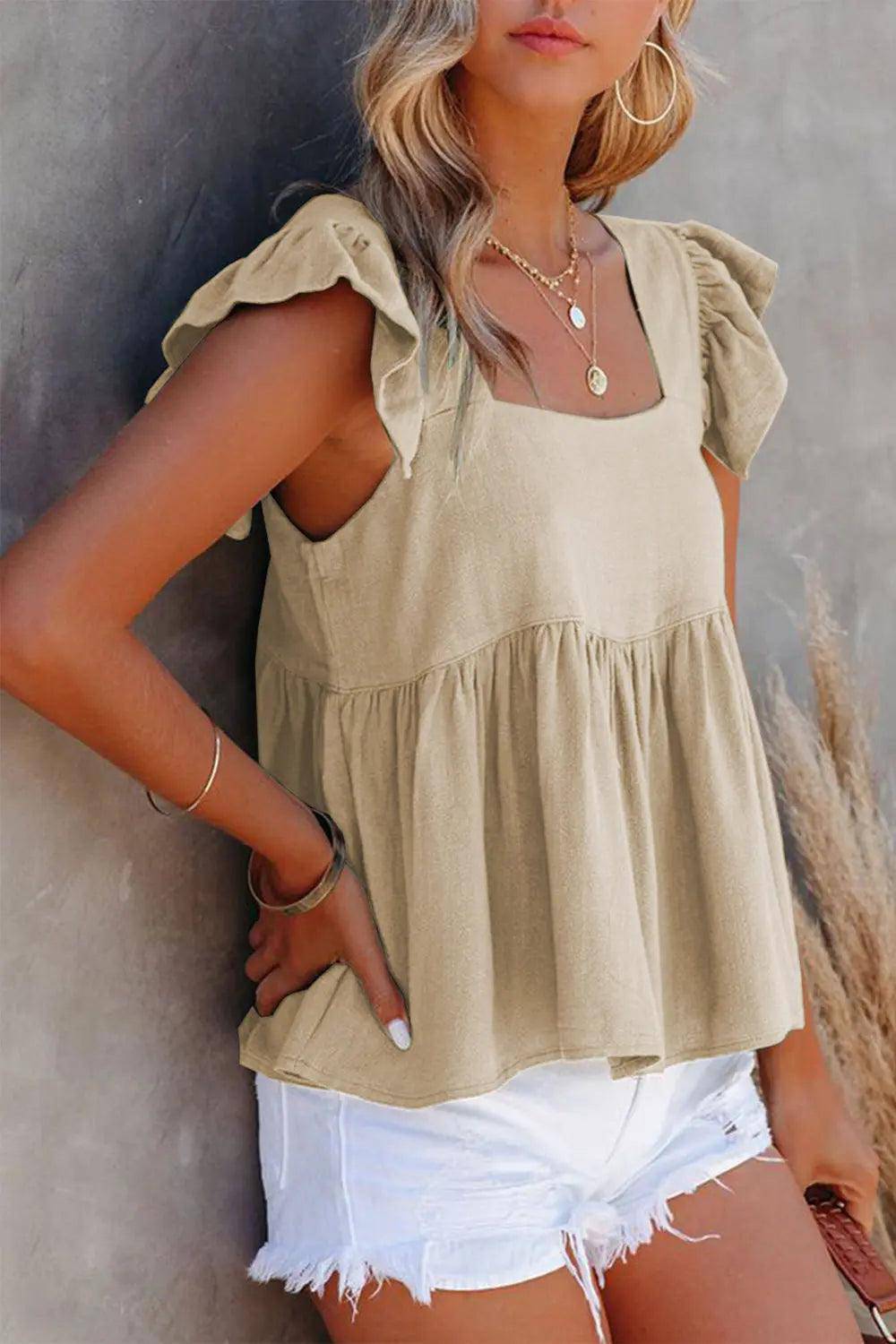 Full Size Ruffled Square Neck Cap Sleeve Blouse - Urban Trend Fashion