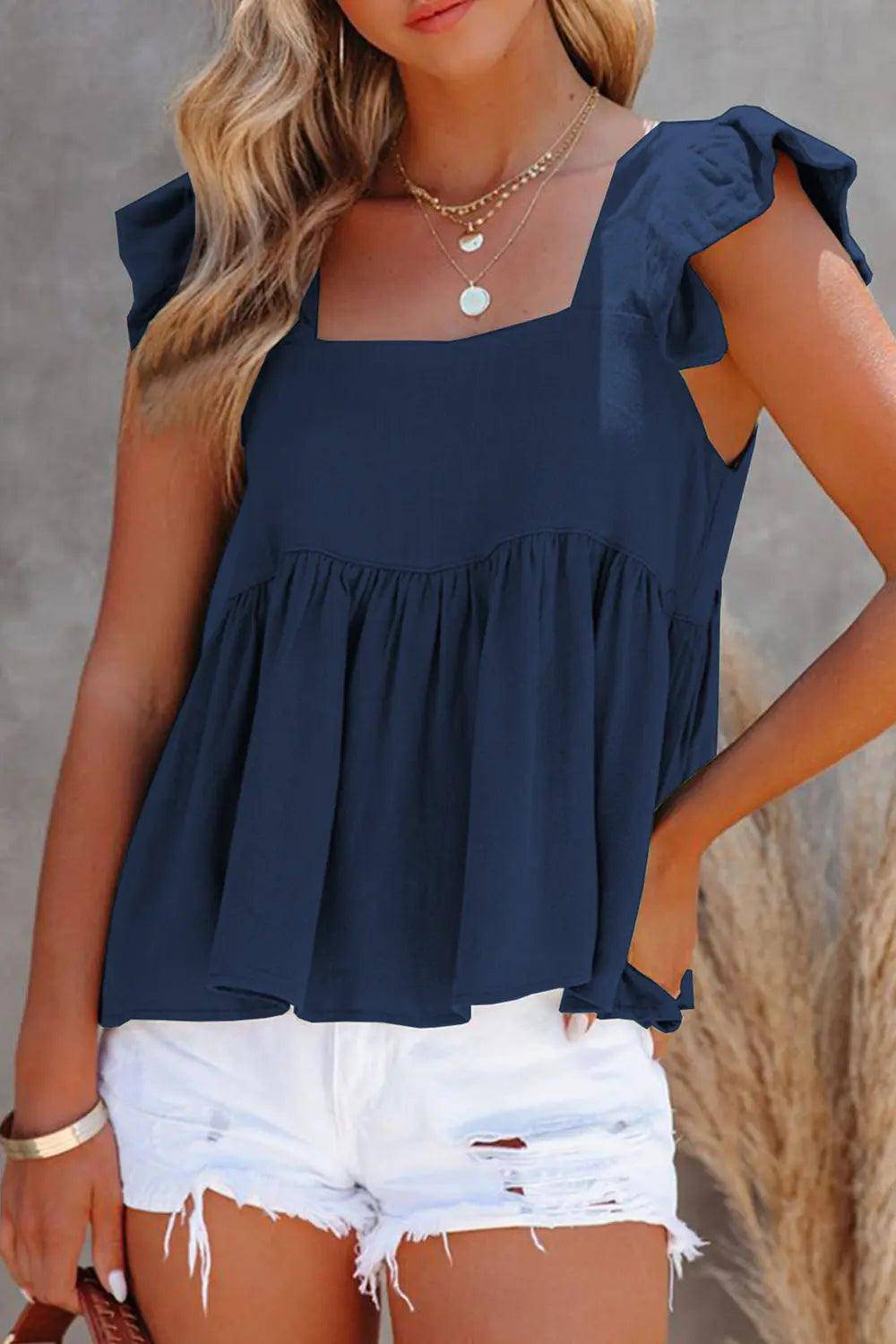 Full Size Ruffled Square Neck Cap Sleeve Blouse - Urban Trend Fashion