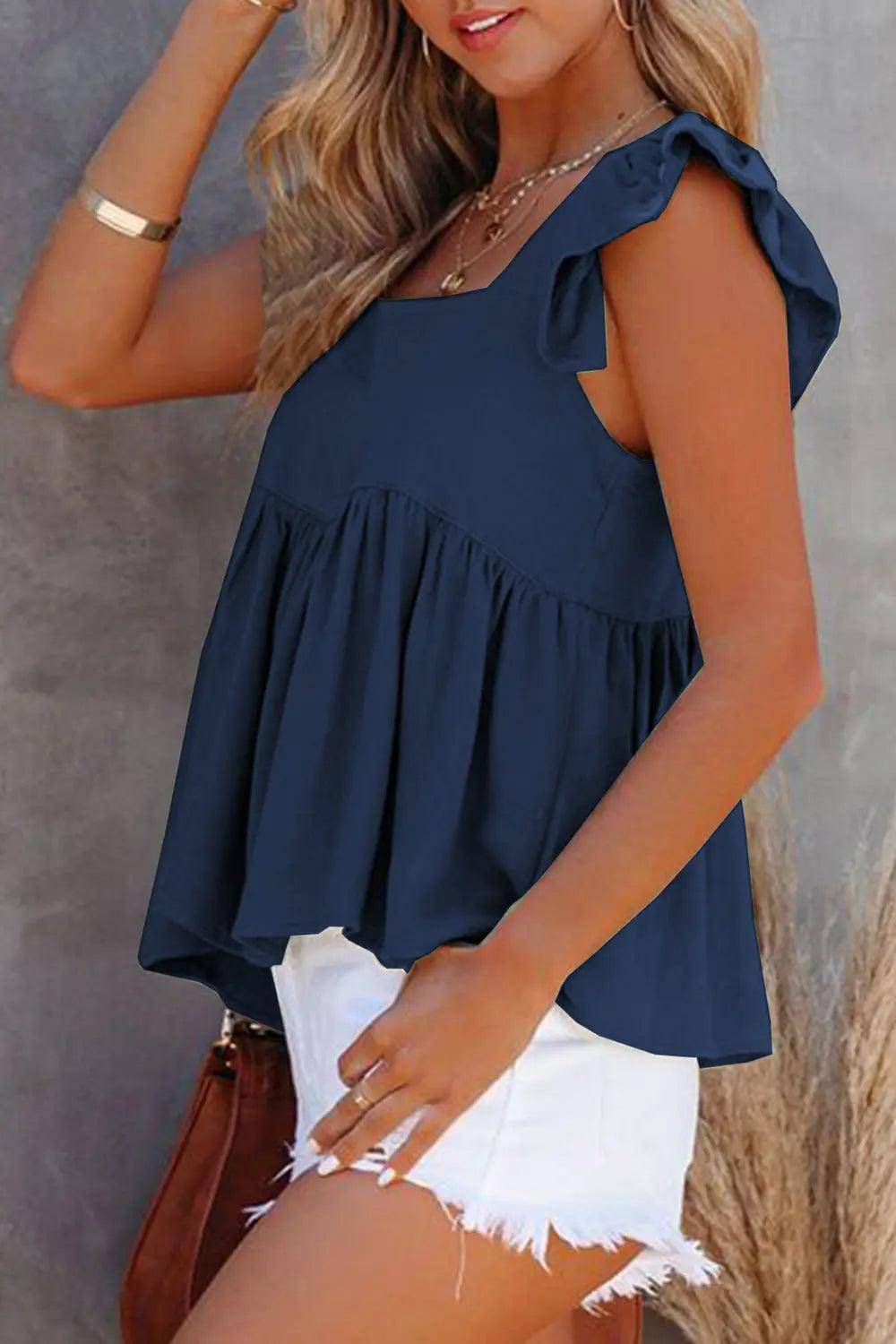 Full Size Ruffled Square Neck Cap Sleeve Blouse - Urban Trend Fashion