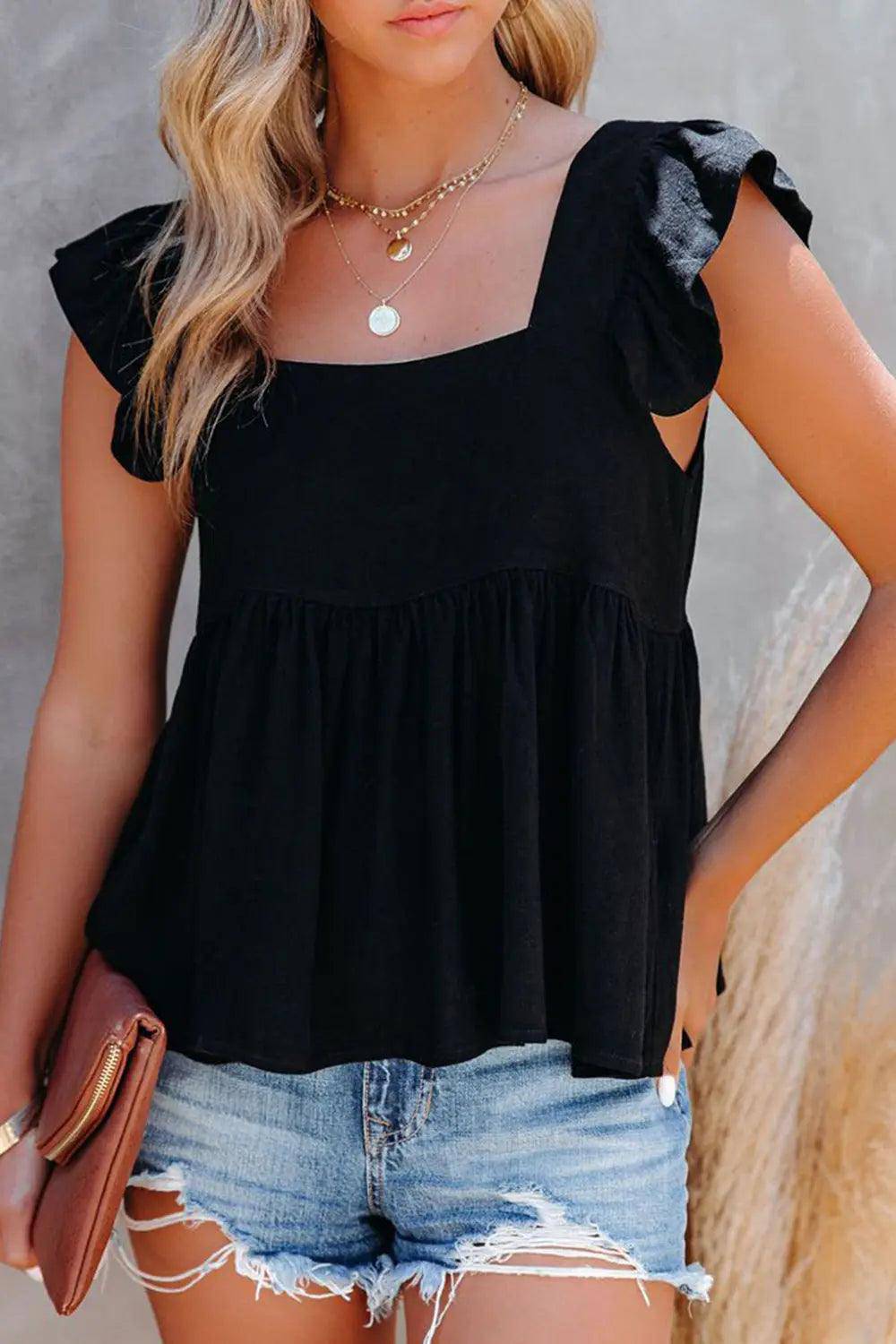 Full Size Ruffled Square Neck Cap Sleeve Blouse - Urban Trend Fashion