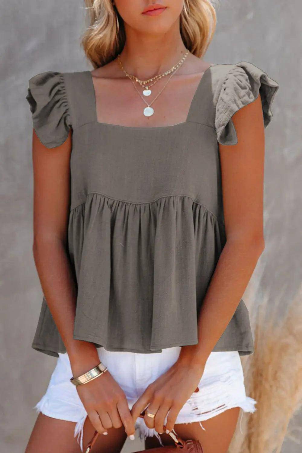 Full Size Ruffled Square Neck Cap Sleeve Blouse - Urban Trend Fashion