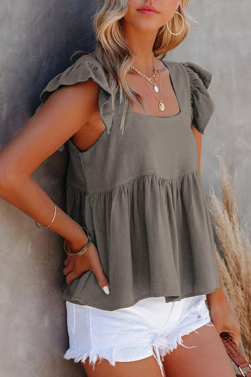 Full Size Ruffled Square Neck Cap Sleeve Blouse - Urban Trend Fashion