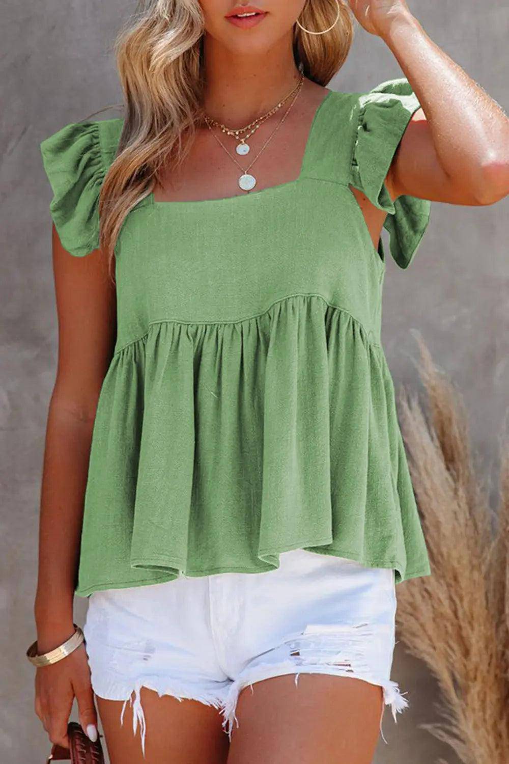 Full Size Ruffled Square Neck Cap Sleeve Blouse - Urban Trend Fashion