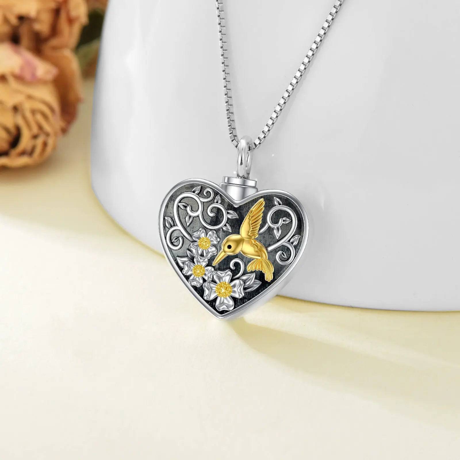 Heart Hummingbird Urn Necklace for Ashes Cremation Jewelry for Women - Urban Trend Fashion