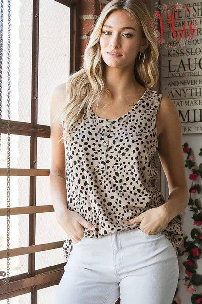 Heimish Full Size Front Button Animal Print Sleeveless Top Plus Size - Urban Trend Fashion