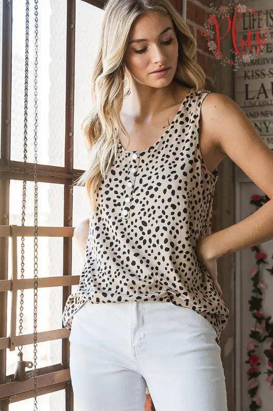 Heimish Full Size Front Button Animal Print Sleeveless Top Plus Size - Urban Trend Fashion