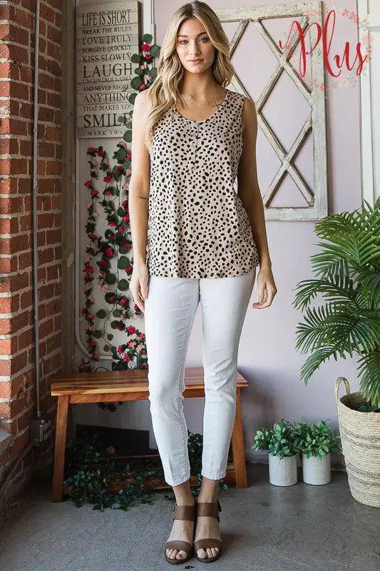 Heimish Full Size Front Button Animal Print Sleeveless Top Plus Size - Urban Trend Fashion