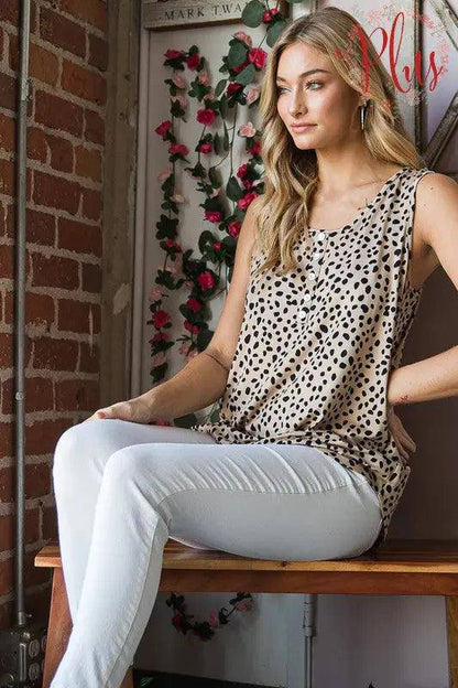 Heimish Full Size Front Button Animal Print Sleeveless Top Plus Size - Urban Trend Fashion