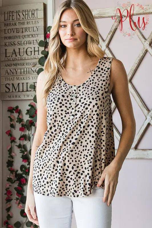 Heimish Full Size Front Button Animal Print Sleeveless Top Plus Size - Urban Trend Fashion