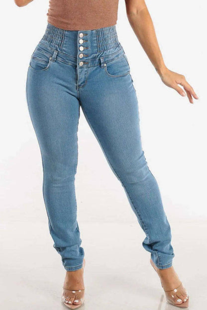 High Waist Buttoned Skinny Hip Lifting Jeans - Urban Trend Fashion