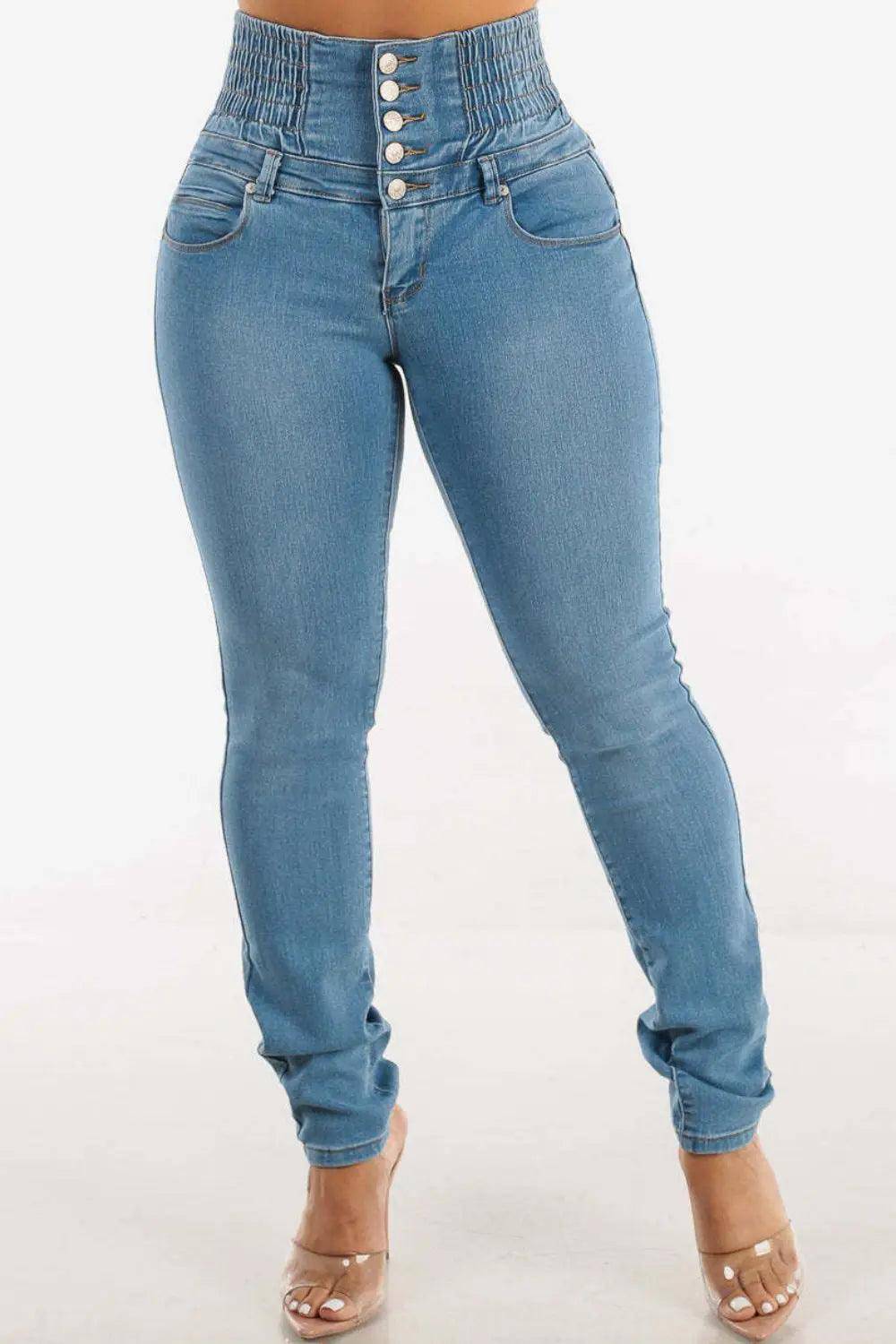 High Waist Buttoned Skinny Hip Lifting Jeans - Urban Trend Fashion