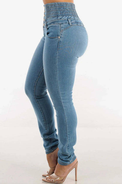 High Waist Buttoned Skinny Hip Lifting Jeans - Urban Trend Fashion