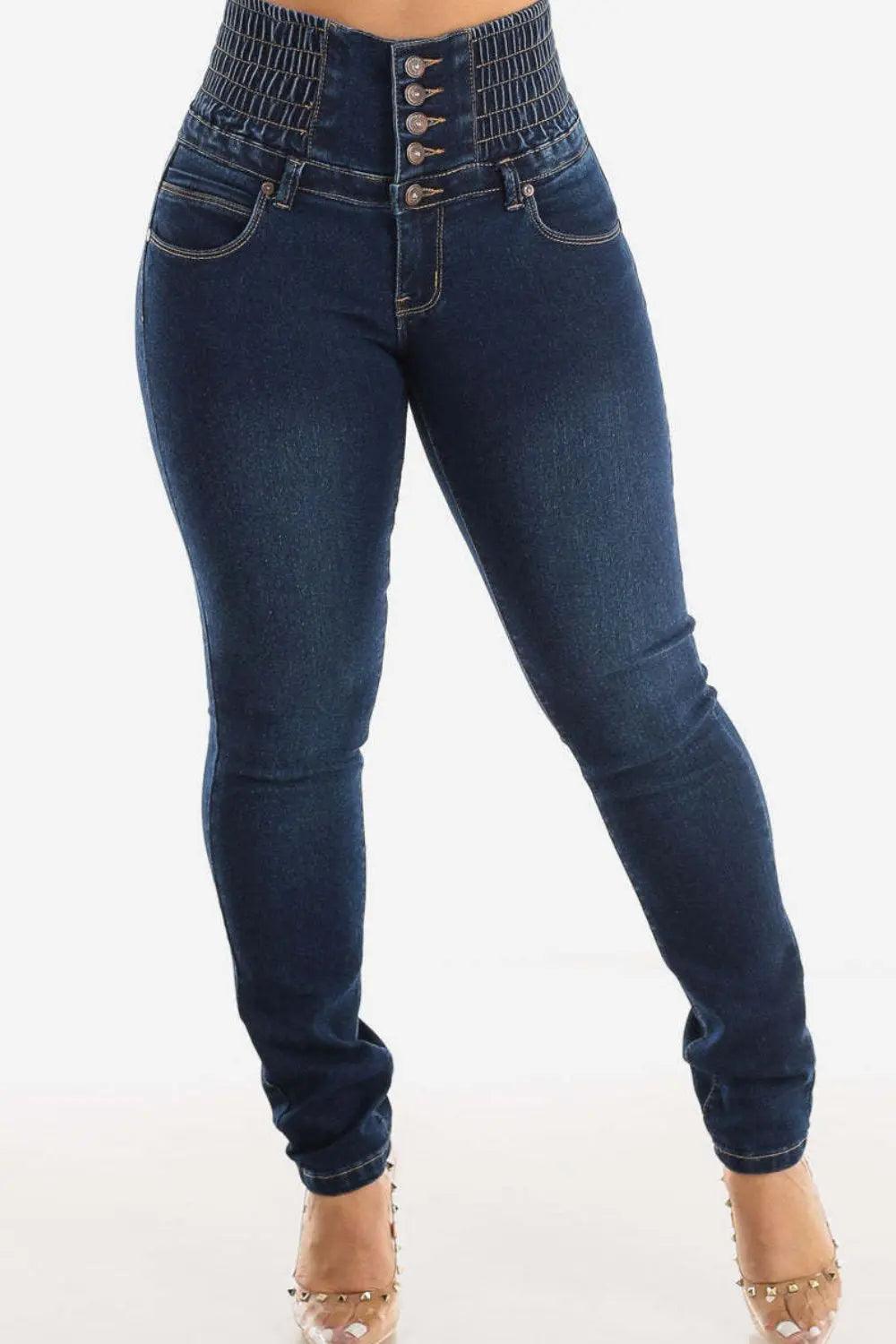 High Waist Buttoned Skinny Hip Lifting Jeans - Urban Trend Fashion