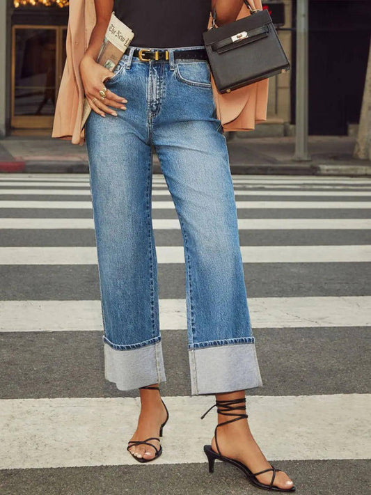 High Waisted Straight Leg Rolled Jeans - Urban Trend Fashion