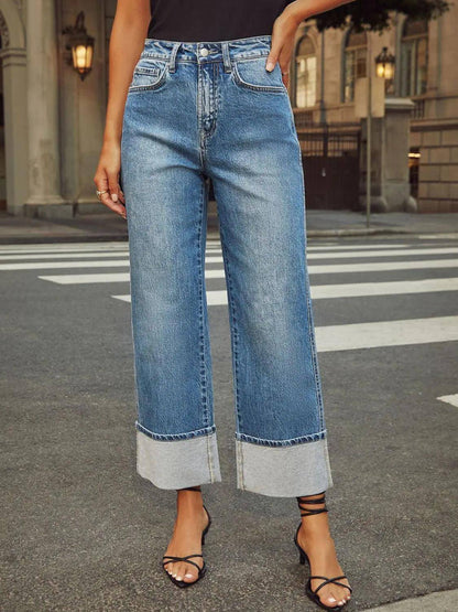 High Waisted Straight Leg Rolled Jeans - Urban Trend Fashion