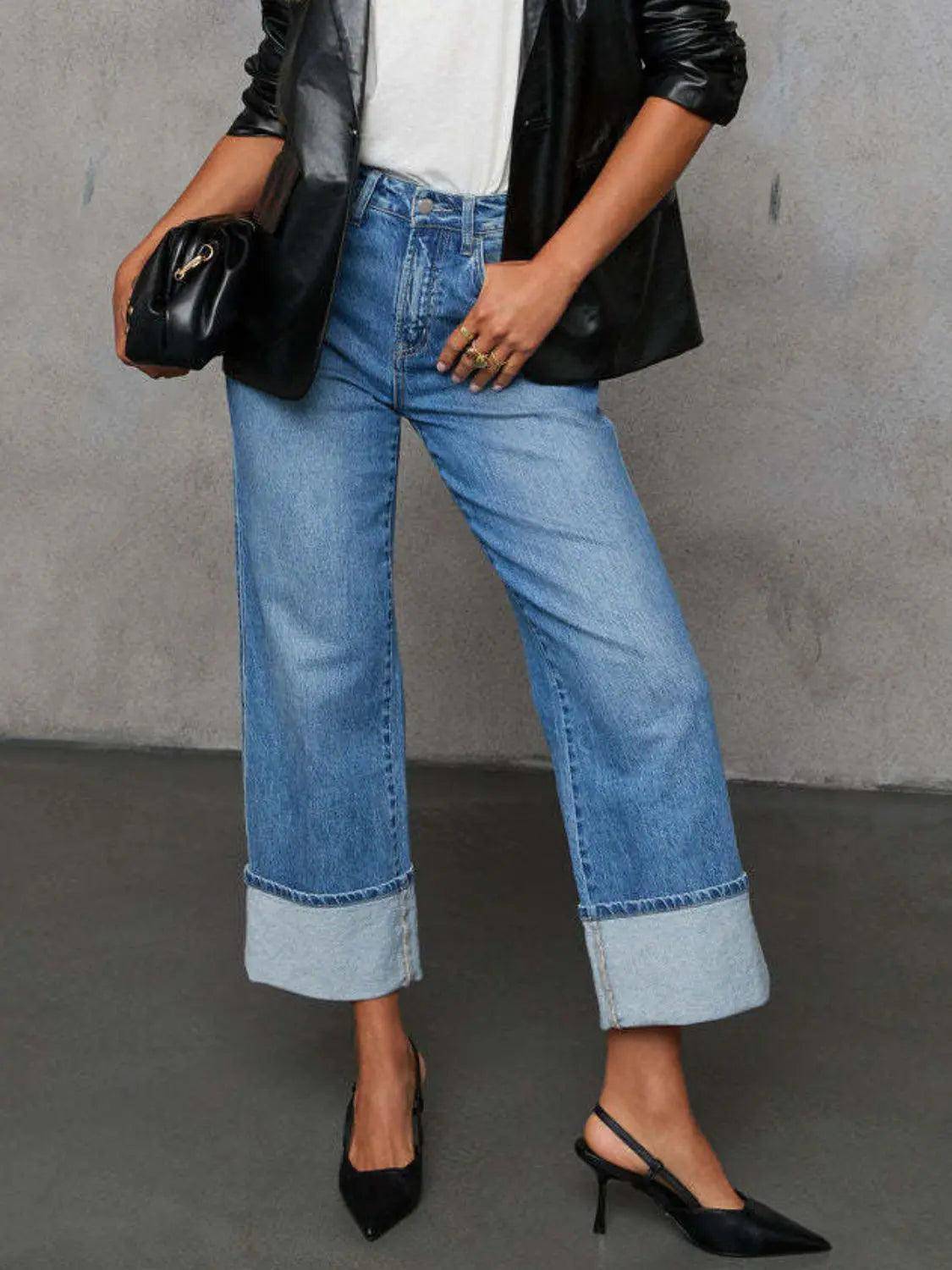 High Waisted Straight Leg Rolled Jeans - Urban Trend Fashion