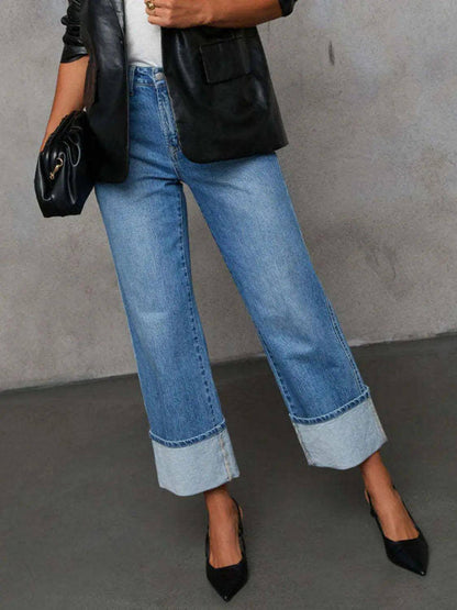 High Waisted Straight Leg Rolled Jeans - Urban Trend Fashion